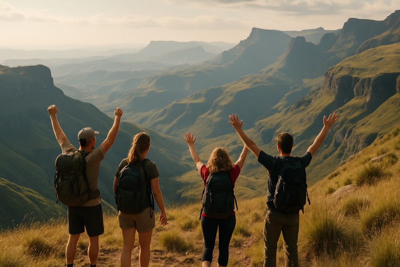 Walkers celebrating on a mountain ridge